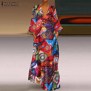 Women V Neck Sundress ZANZEA 2019 Autumn Maxi Long Dress